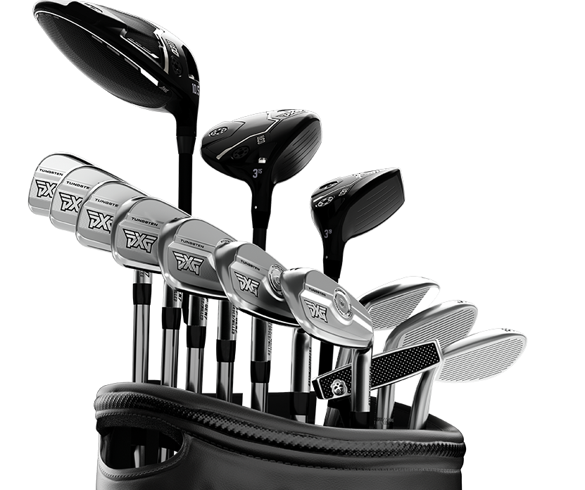 PXG golf bag filled with a full set of golf clubs