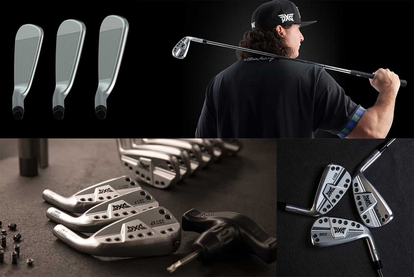 collage of gen3 iron club heads and a golfer