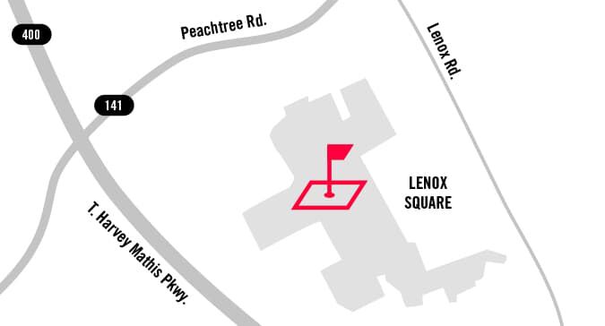 Map of the PXG location at Lenox Square near Peachtree Road and T. Harvey Mathis Parkway.