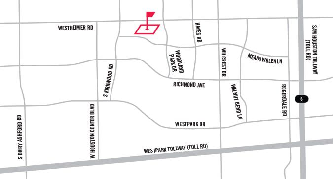 Map showing PXG store location on Westheimer road, near the intersection of Sam Houston and Westpark tollways