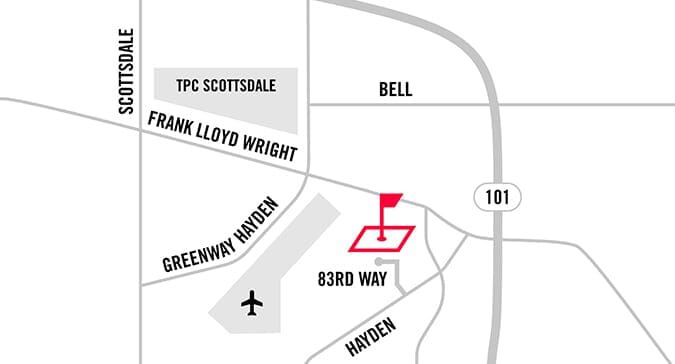 Map of PXG Scottsdale store location near Hayden and Frank Lloyd Wright Blvd.