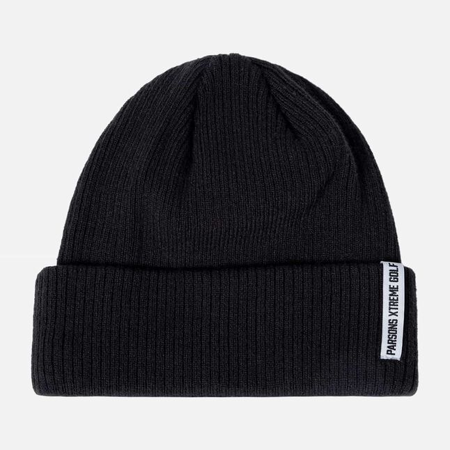 Logo Tag Rib Knit Beanie - Black