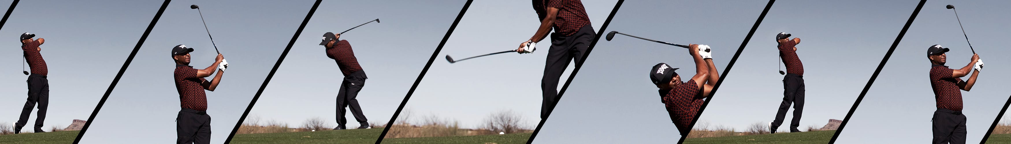 Various poses of man playing golf