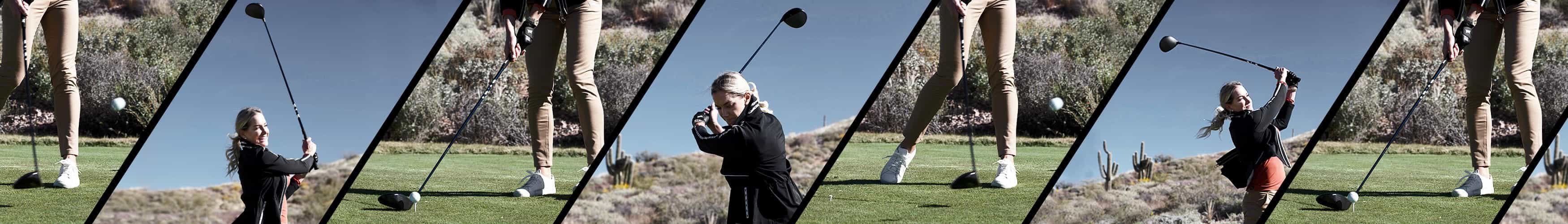 Various poses of woman playing golf